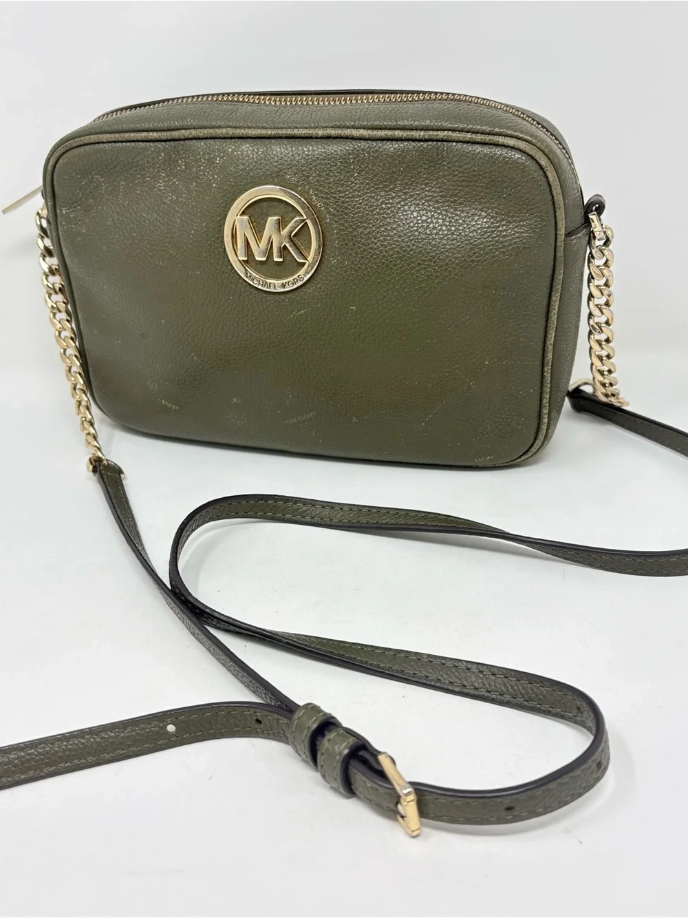 Michael Kors Fulton Olive Green Leather Crossbody Bag Camera Bag Purse 9.5”x6”